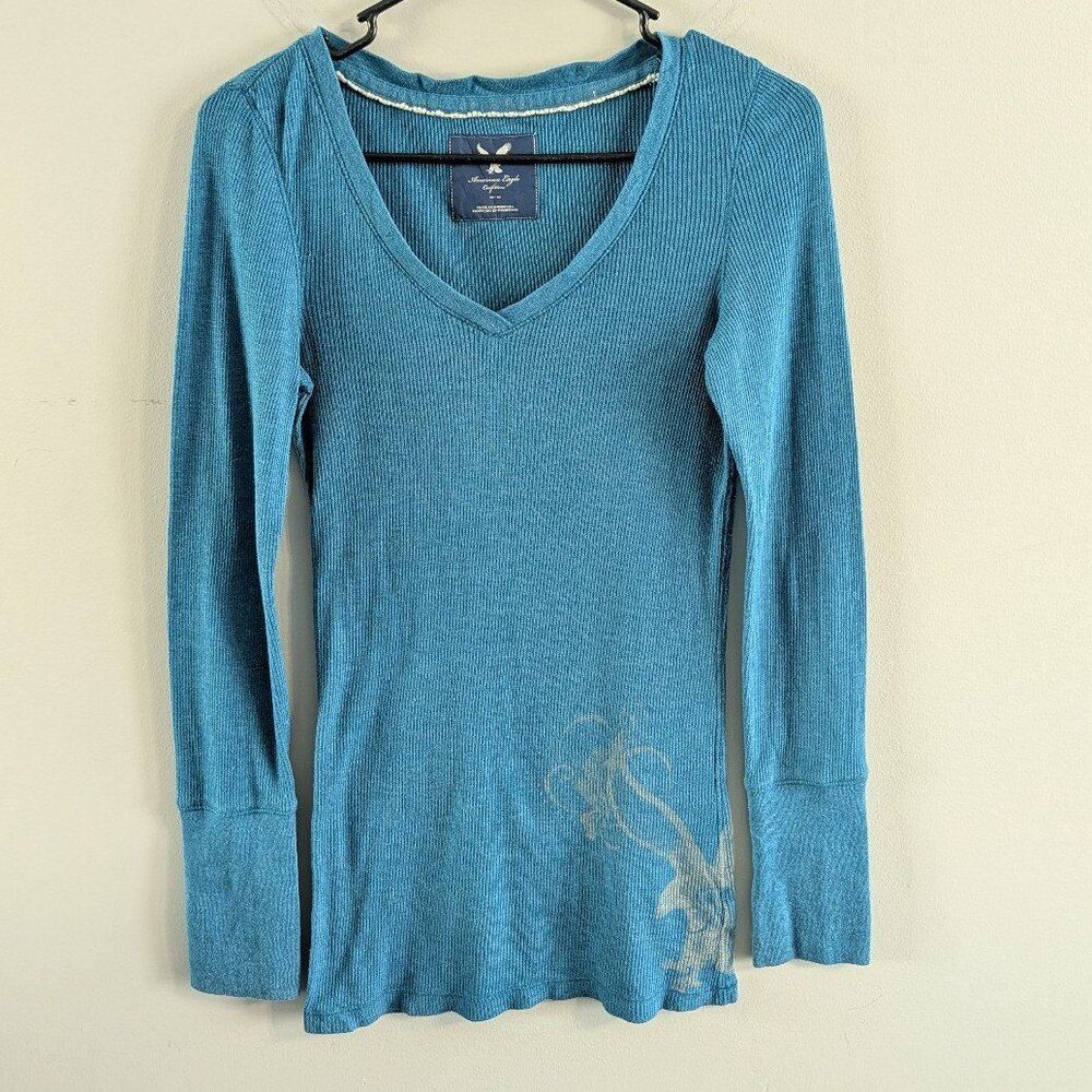 Vintage Y2K American Eagle Blue Ribbed Long Sleeve V-Neck Shirt w/ Graphic M